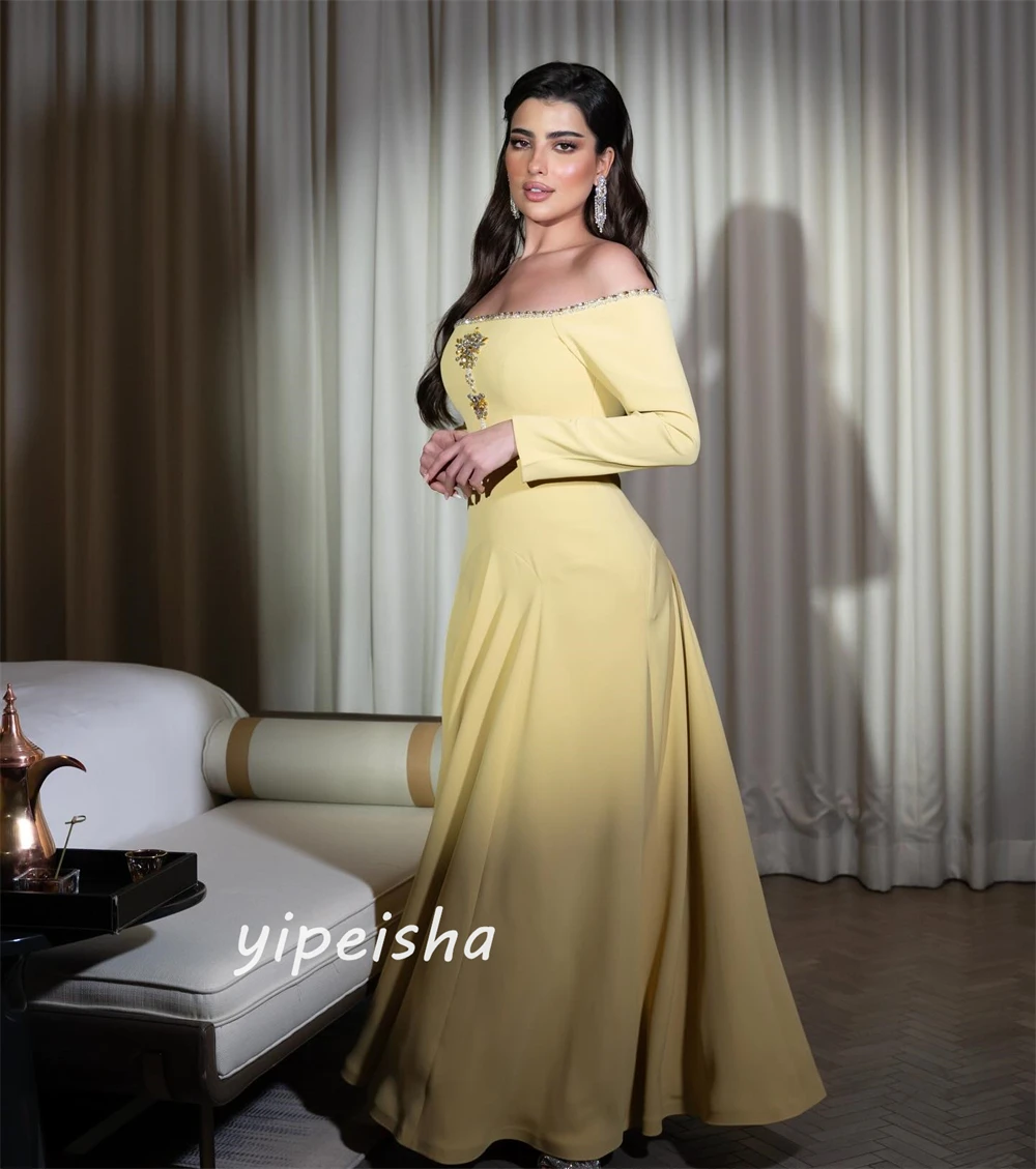 Prom Dress Saudi Arabia Classic Modern Style Off The Shoulder A-line Beading Draped Ankle-Length Satin Evening Dresses