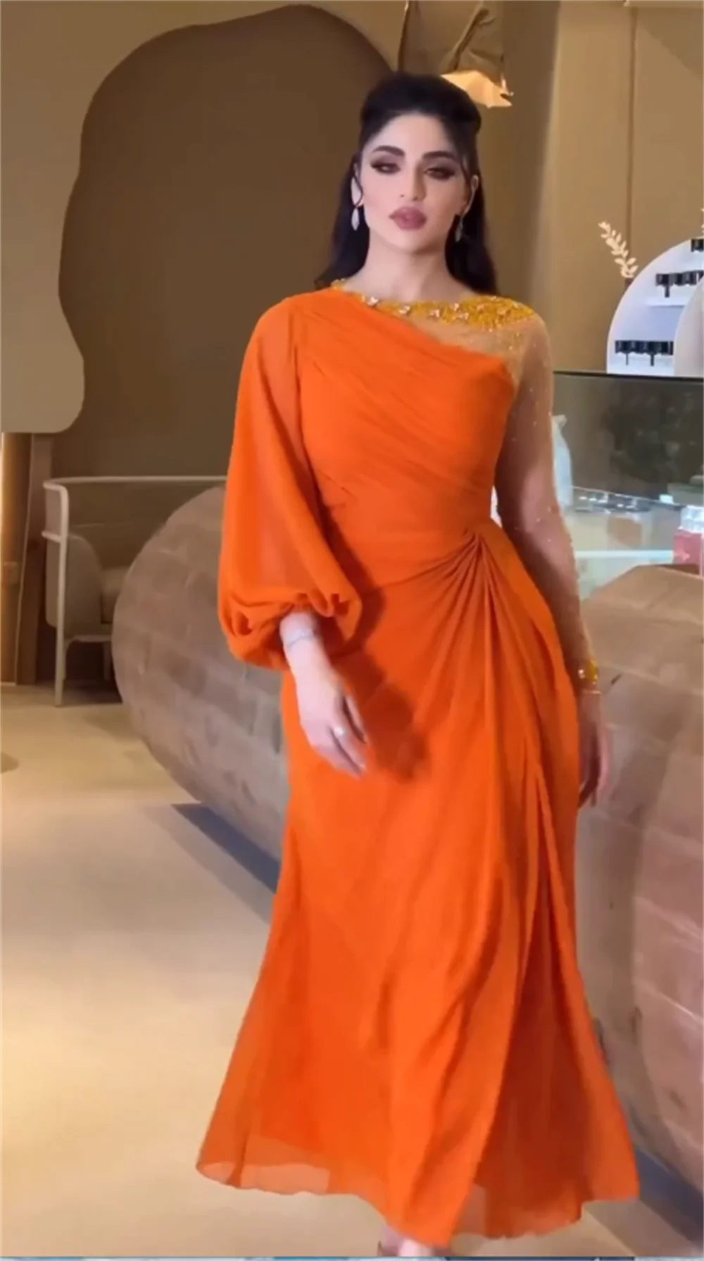 Customized High Quality Exquisite  Chiffon Beading Draped Pleat Clubbing A-line O-Neck Bespoke Occasion Gown Midi DressesEvening