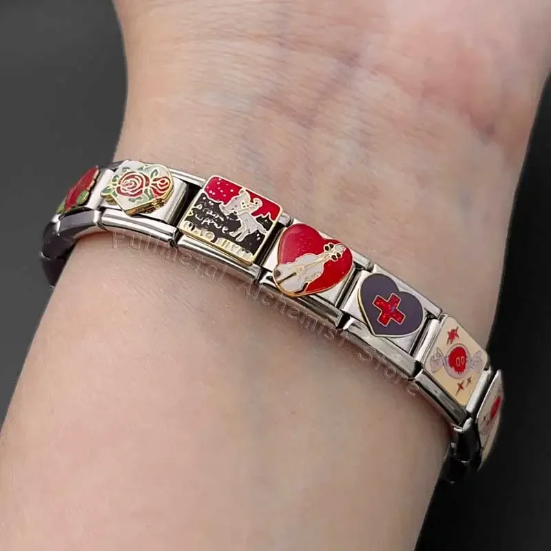 Charm Italian Stainless Steel Bracelet Elastic 9mm Module Splicing DIY Red Black Series Light Creative Personality Dark Gothic