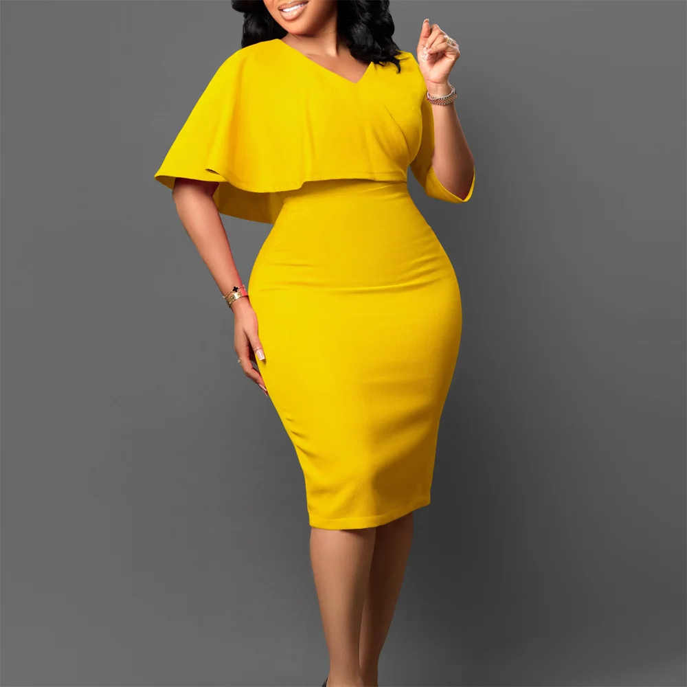 

Elegant Bodycon Dresses for Woman V Neck Half Sleeve Sheath Package Hips Mid Calf Modest Female Business Work Wear Dress Midi OL