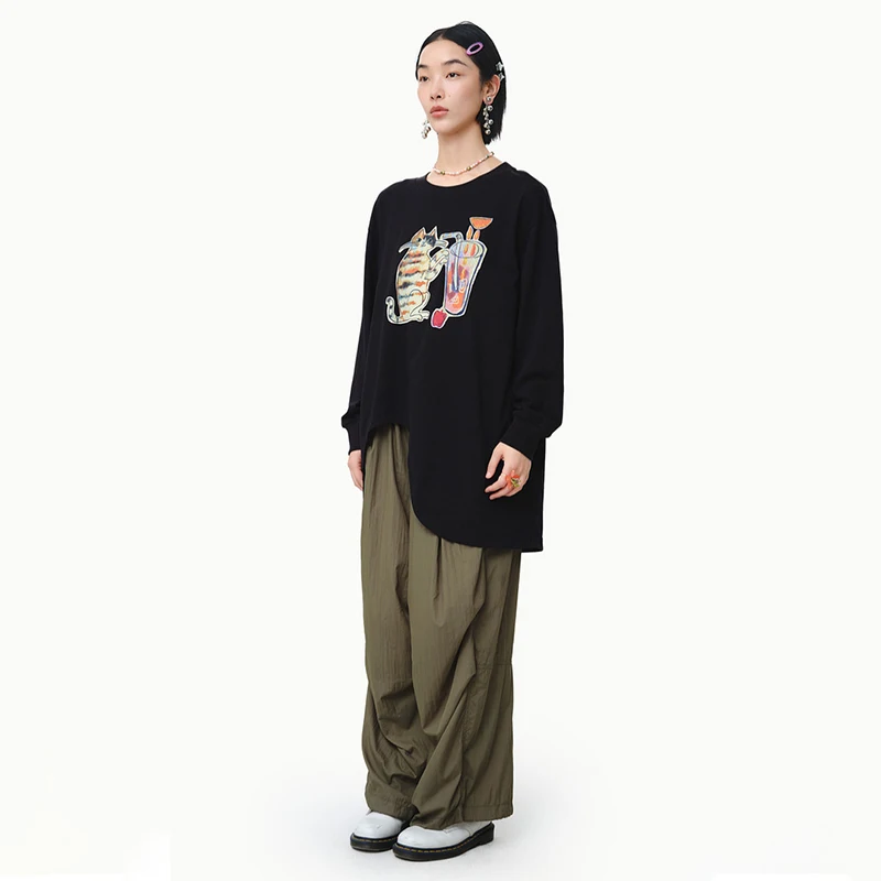 MOVEUP Long Sleeves Round Neck T-Shirt 2026 Spring Pure Cotton Cartoon Fun Printed Irregular Hem Casual Top For Women 325110504
