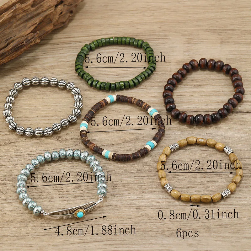 6Pcs Natural Wood Beaded Bracelets Set Vintage Feather Turquoise Charm Hand Chains Handmade Boho Ethnic Wristband Jewelry New