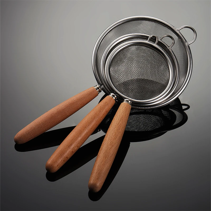 

Fine Mesh Beech Wood Colander 304 Stainless Steel Kitchen Flour Sieve Tea Coffee Strainers Spoon Drainer Food Waste