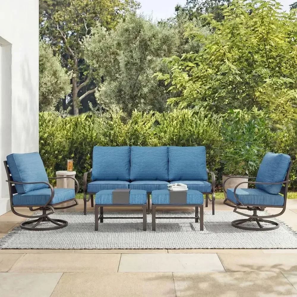 5 Pieces Patio Contion Sets,Outdoor Metal urniture Soas with 1 x 3-Seat Soa, 2 x Swivel Chairs,2 x Ottoman,Wrought Iron e with P