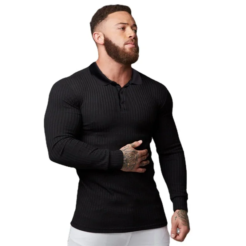 Autumn Fashion Knitted Polo Shirt Men Classic White Ribbed Skinny Long Sleeve Polos Male Elastic Breathable Sports Jersey Shirt