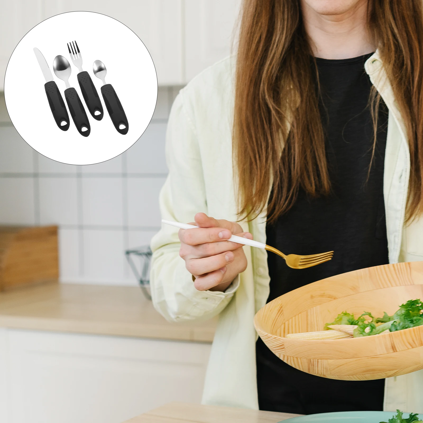 

Нескользящий адаптивный набор посуды для пожилых людей с защитой от сотрясений, портативные столовые приборы для взрослых с ограниченными возможностями, нержавеющая сталь, прочная тонкая текстура