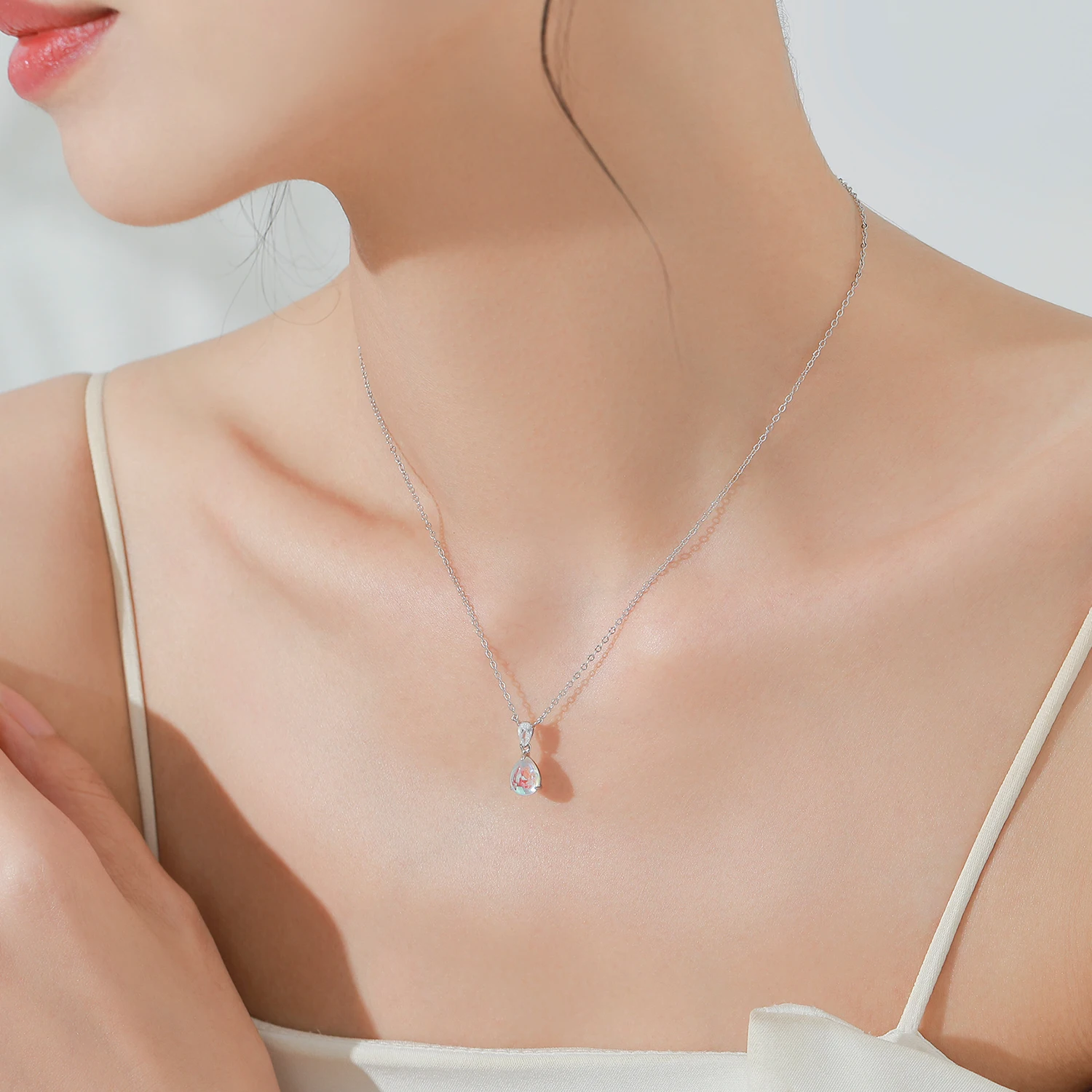 Ailmay Authentic 925 Sterling Silver Water Droplet Moonstone Pendant Necklaces For Women Birthday Party Fine Jewelry Gift