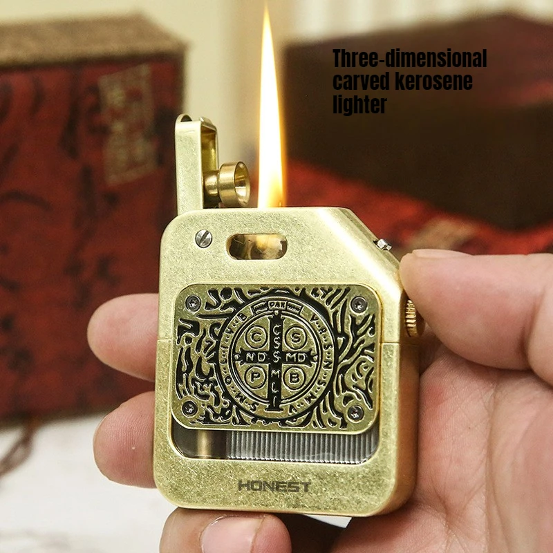 HONEST New Metal Fuel Lighter with Carved Body, Retro Men’s Gift Lighter, Ejection Windproof, Cigarette Accessories