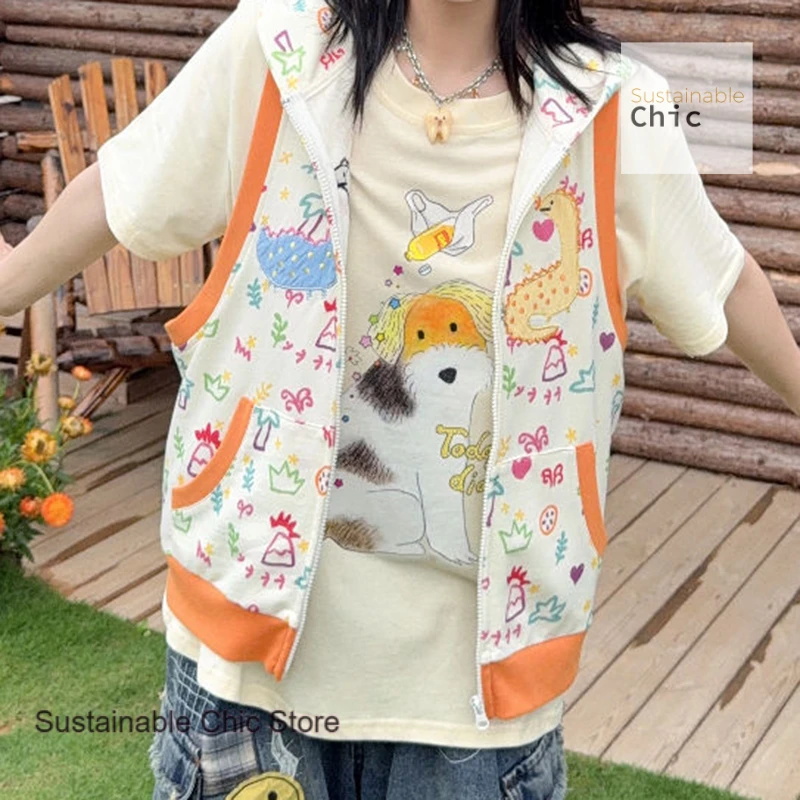 Children's interest minority graffiti wind printed vest hooded sleeveless top memory summer new y2k cute sister sleeveless coat.