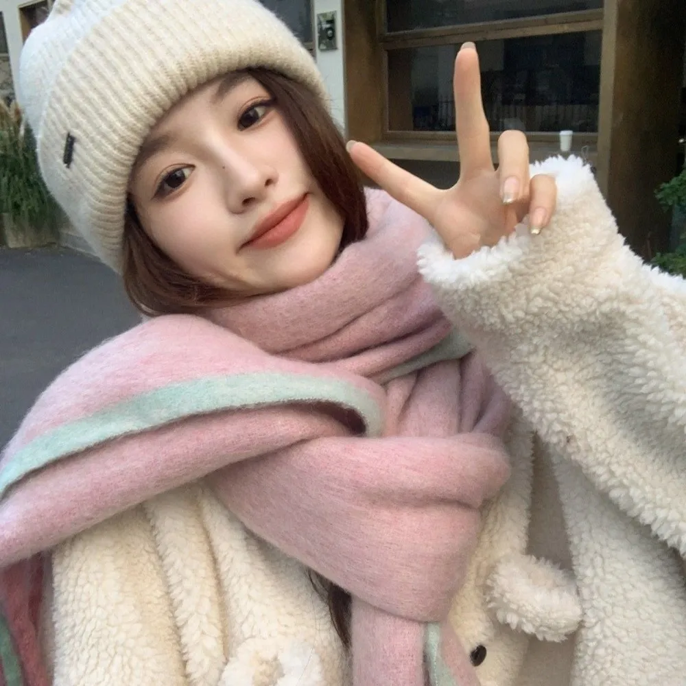Classic Gradient Knitted Scarf with Tassel Thickened Winter Neck Wrap Long Soft Fluffy Thermal Warm Scarf for Women