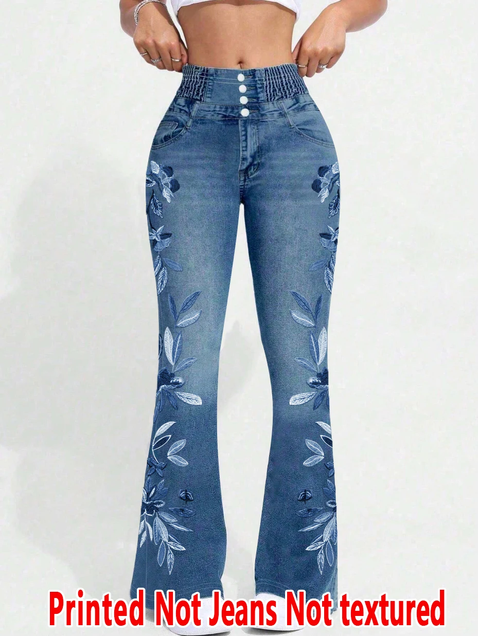 1270  Ladies' Non-Suede 2D Printed Embroidery Effect Bell Bottoms - Non-Leather Fabric Long Pants for All Seasons