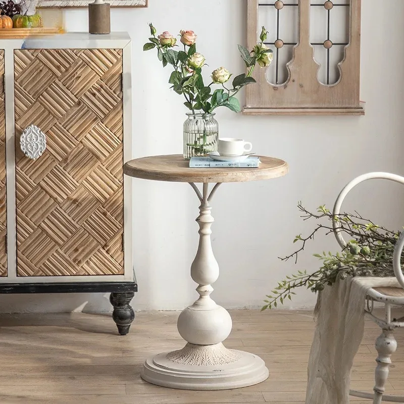 Mesa de centro pequeña de madera maciza Vintage, mesa esquinera de salón de diseño francés, mesa redonda, mesas auxiliares, mesas de centro para balcón