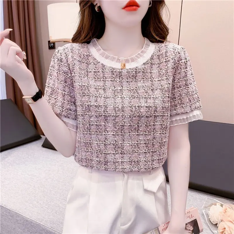 2024 New Summer Elegant and Elegant Style Small Fragrant Wind Fashion Wooden Ear Round Neck Western Short Top for Women