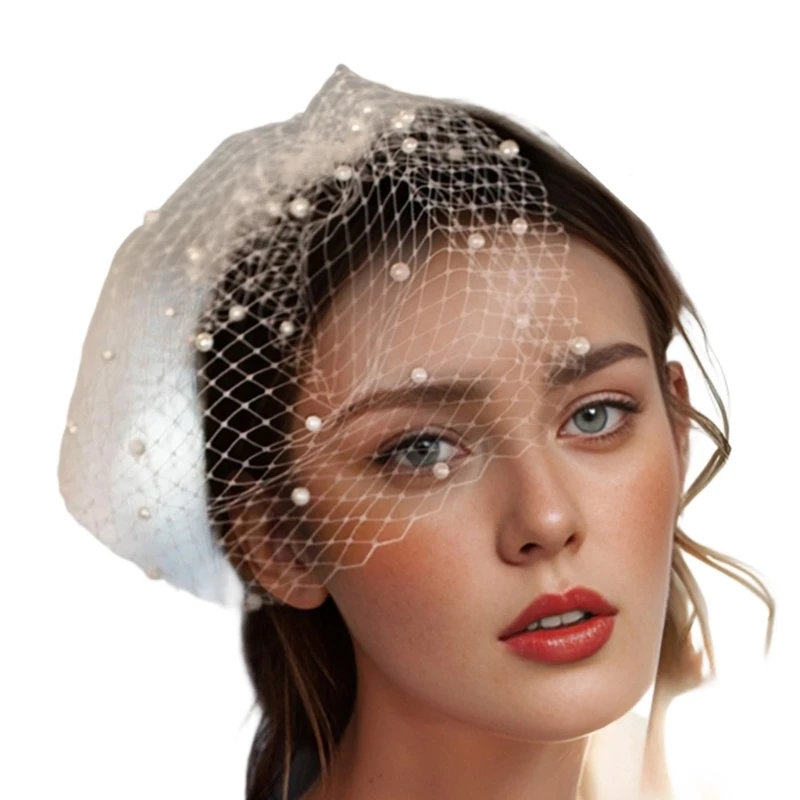 

652F Lightweight Imitation Pearls Decorated Bridal Veil Costume Hairpiece For Weddings Photoshoots Special Occasion