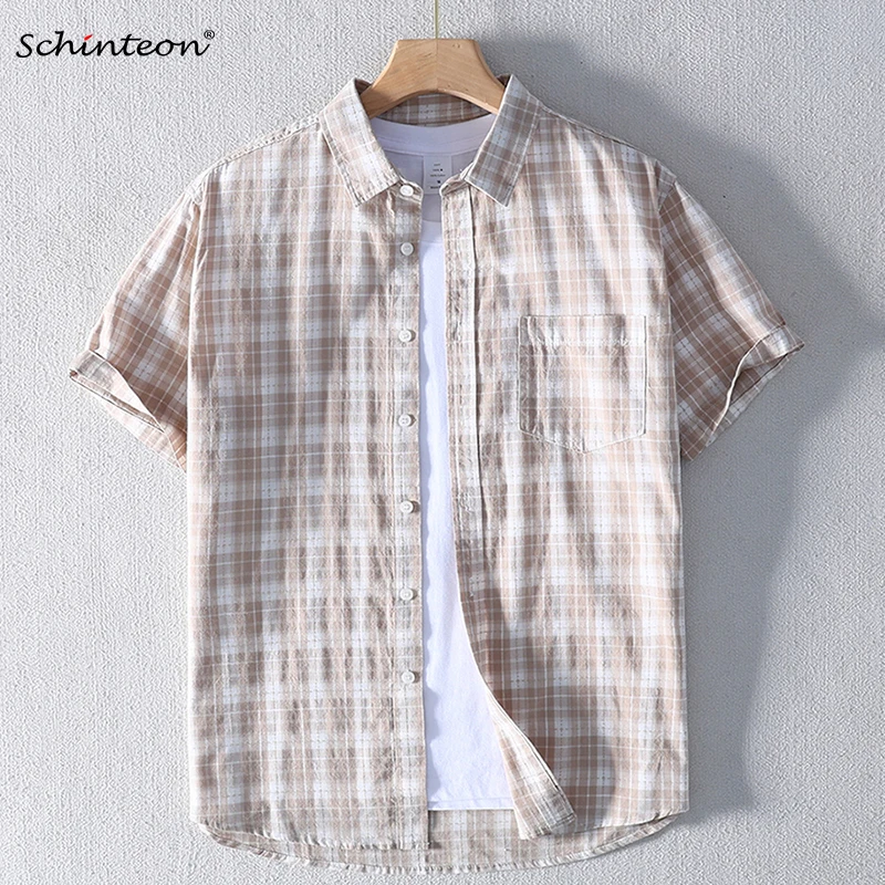 Schinteon Men 100% Pure Cotton Plaid Shirt Short Sleeved Turn-down Collar Thin Casual Comfortable Shirts 2025 Summer Top