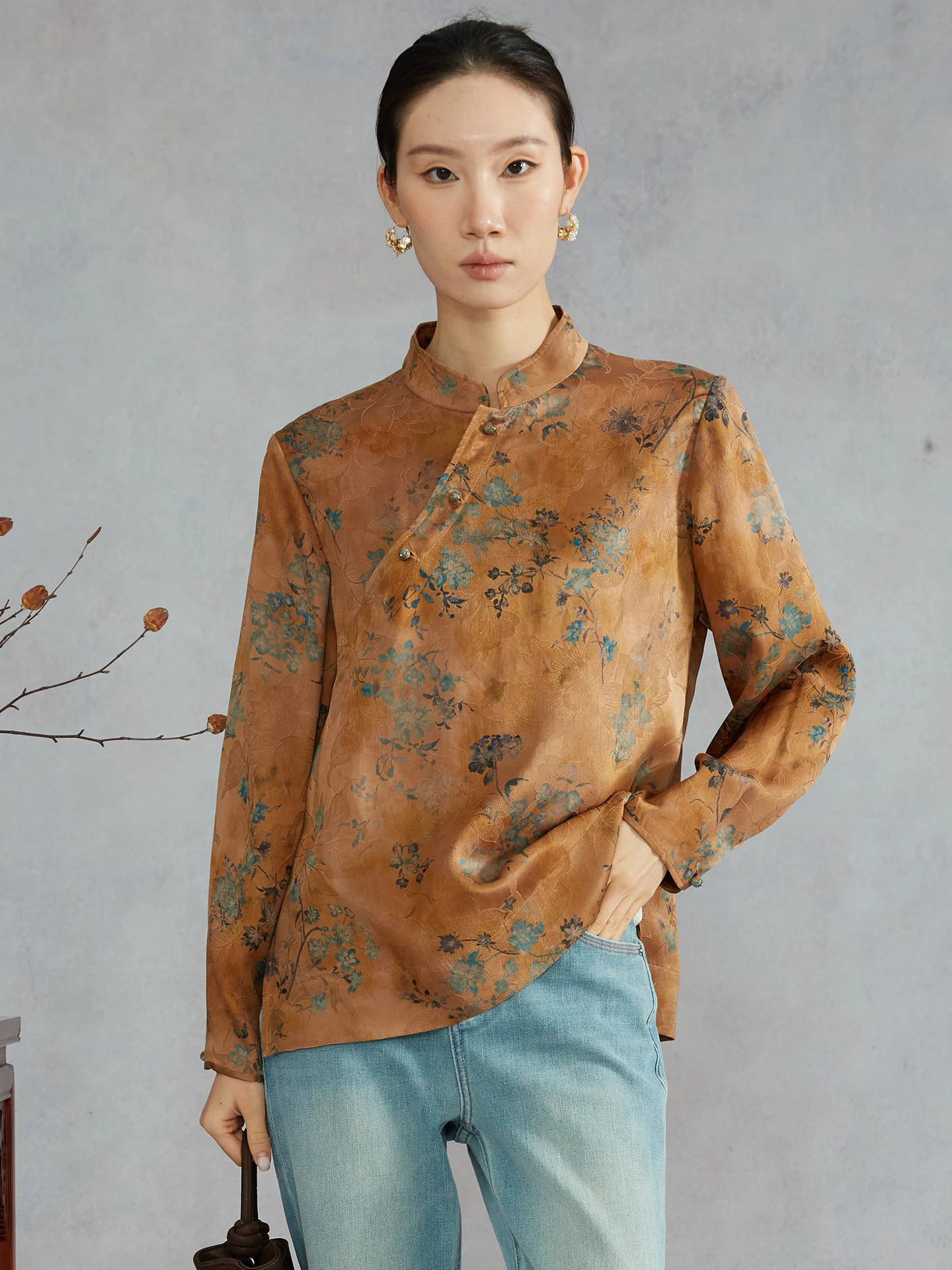 

Silviye Silk Xiangyun Fabric National Style Embroidered Stand Collar Women's Top Asymmetrical Hem Long Sleeve Spring