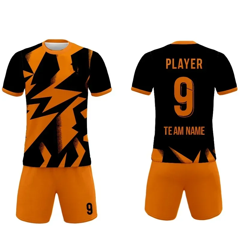 

Breathable quick-drying orange and black polyester mesh, all-over printing, custom football jersey, football uniform kit, sublim