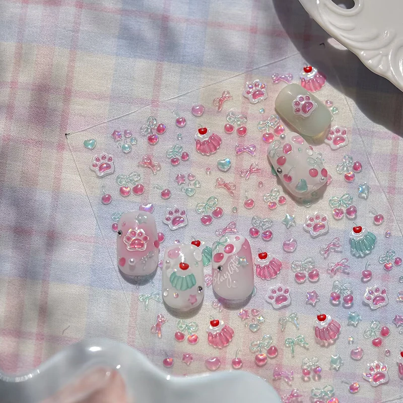 Fresh Sweet Fruits Strawberry Cherry Bowknot Love Heart Bow 5D Nail Art Stickers Self Adhesive Decorations Nail Manicure Decal