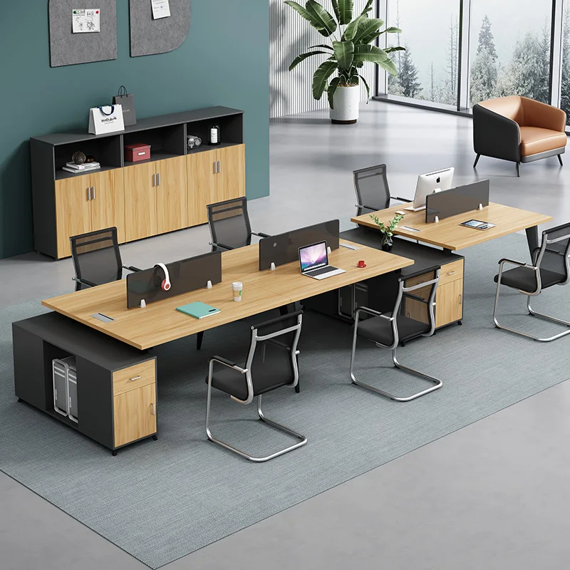 Simple Modern Office Chair and Desk Set Four-Person Double Workstation with Card Slot Panel Wood Style