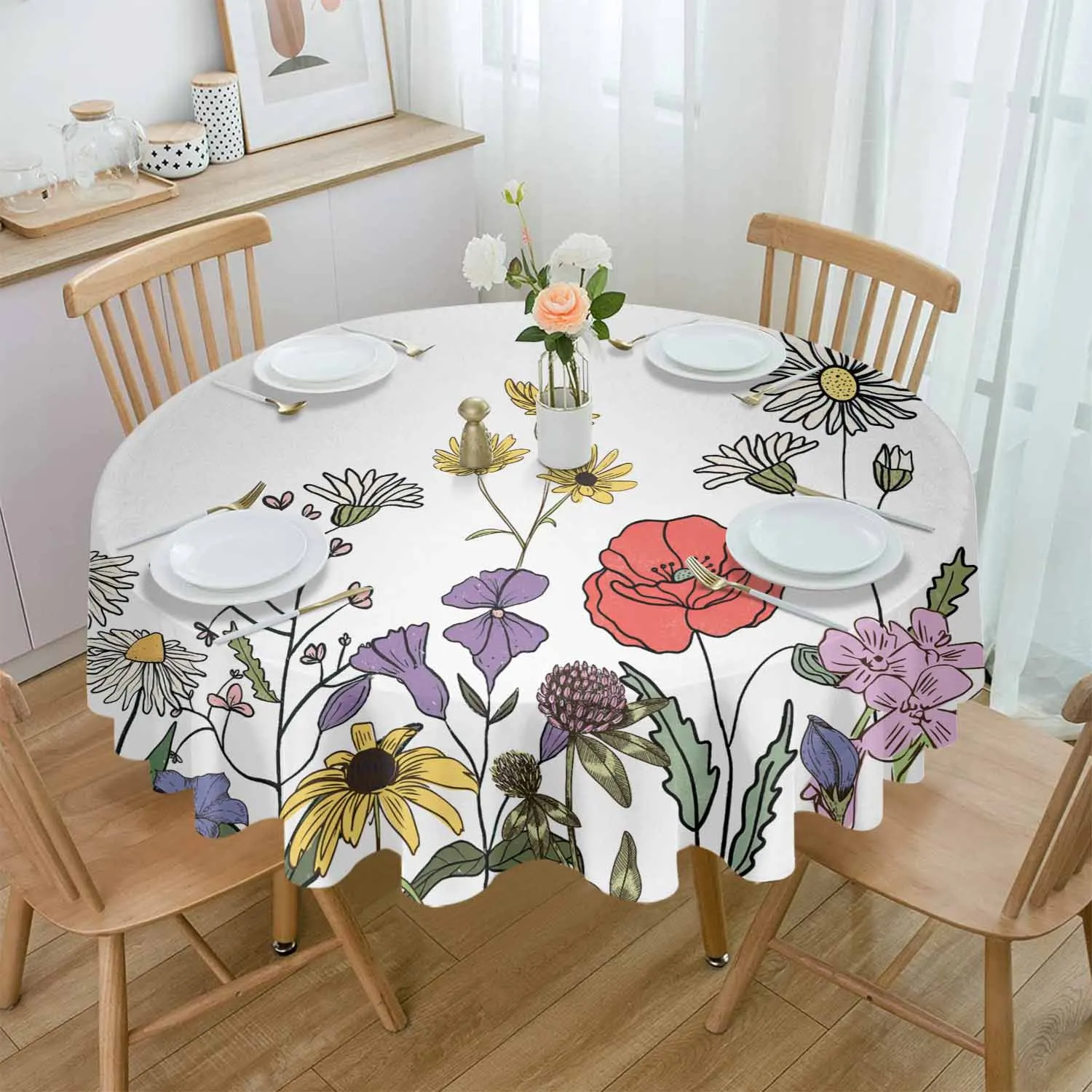 Flower Leaf Lines Waterproof Tablecloth Tea Table Decoration Round Table Cover For Kitchen Wedding Home