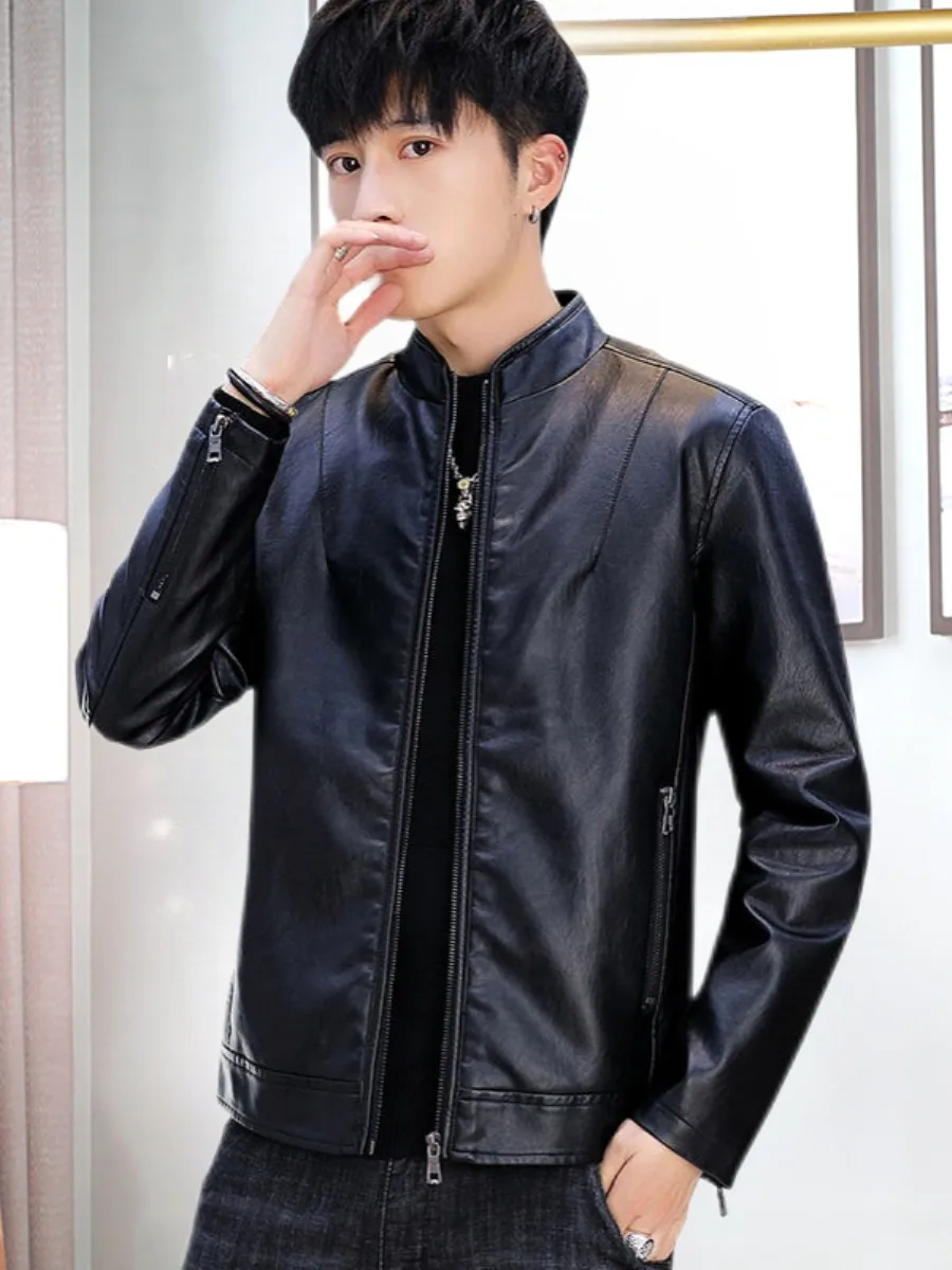 

Men's Slim Fit Leather Jaet Autumn Winter Workwear Stand Collar High End Soft Leather Motorcycle Clothes Long Sve Zipper