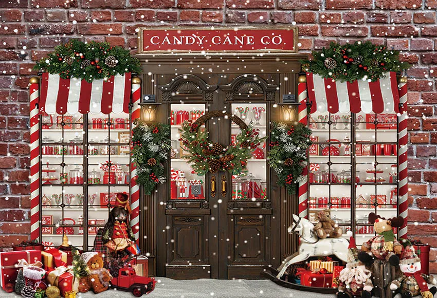 Mehofond Christmas Candy Cane Backdrop Santa\'s Workshop Shop Decor Family Holiday Party Xmas Tree Toy Photography Backdrop Props