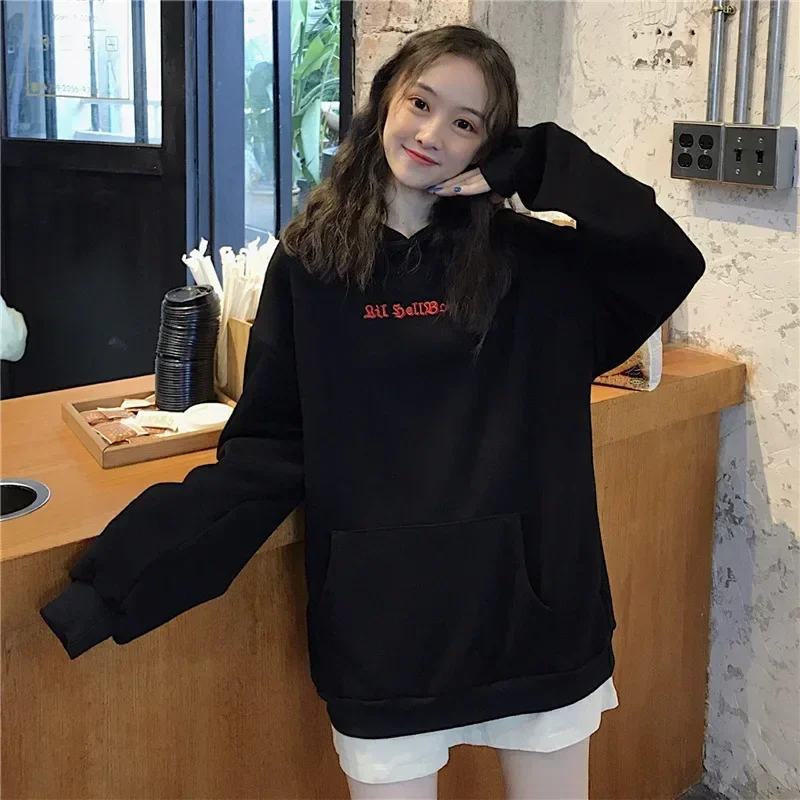 

Winter Korean Harajuku Hoodies Devil Horns Gothic Hooded Sweatshirts Women Demon Fly Wings Baggy Pullovers Tops Y2k Streetwear