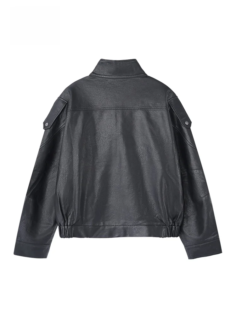 Jaqueta de Couro Feminina GOFAR com Gola Alta e Cordão Ajustável, Estilo Motoqueira, Elegante e Versátil, 4338