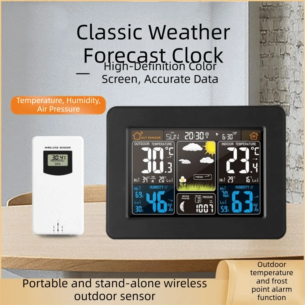 Wireless Weather Station Color Display Atomic Clock Digital Thermometer Remote Sensor Barometric Pressure Weather Forecast Clock