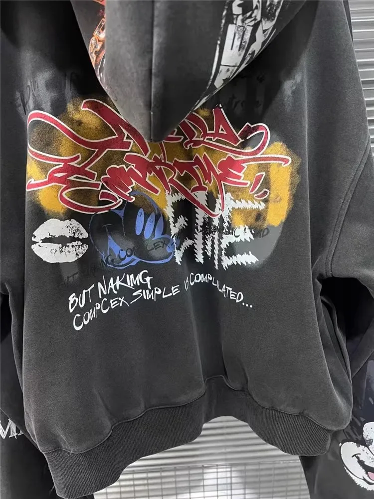 Streetwear Women Loose Fit Hip Hop Graffiti Printed Hooded Jacket Zipper Casual Outwear Coat Autumn New Designer Oversize Jacket