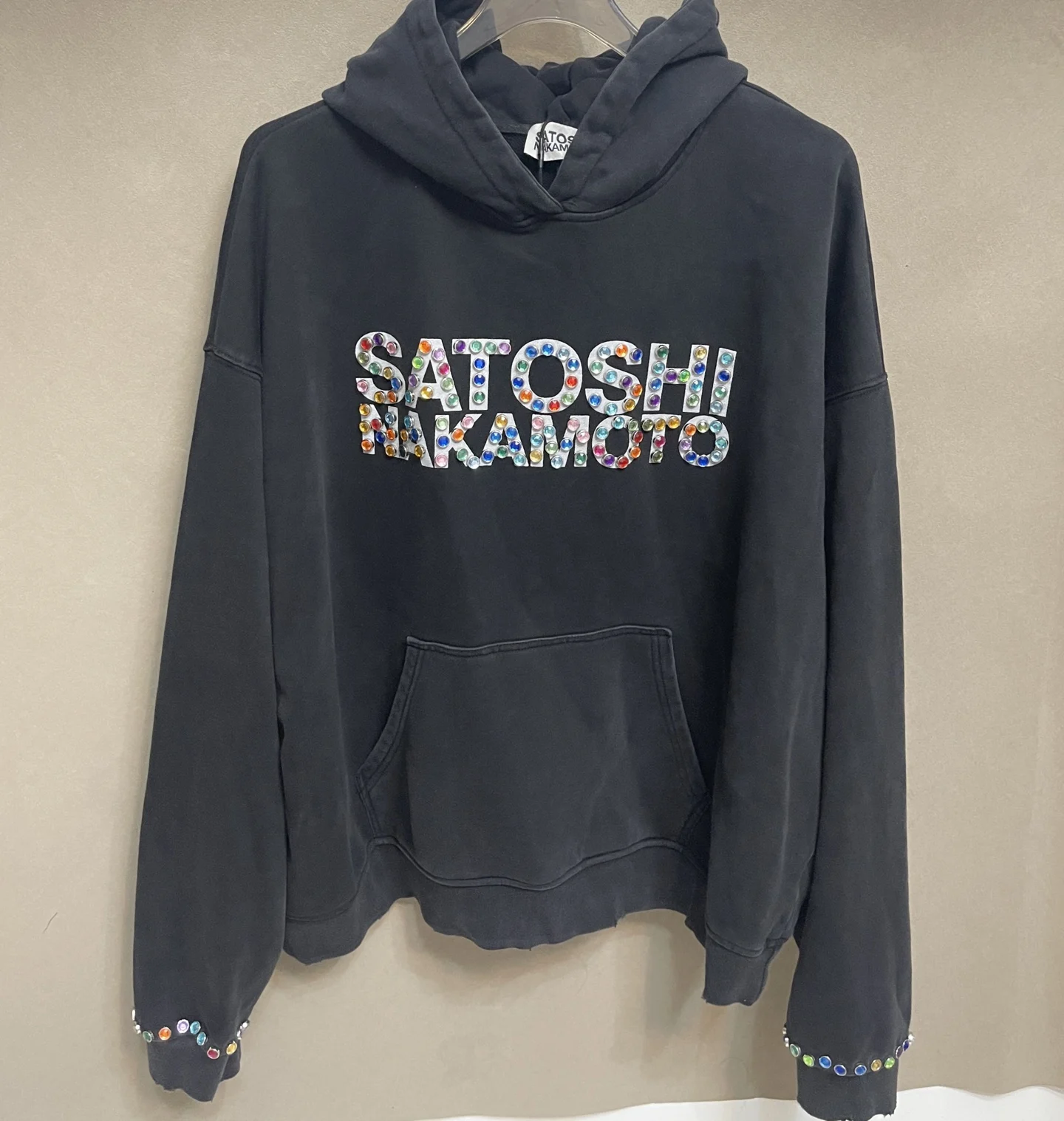 New Satoshi Vintage Cotton Colorful Rhinestone Letter Print Street Casual Loose Versatile Casual Fashion Simple Oversize Hoodie