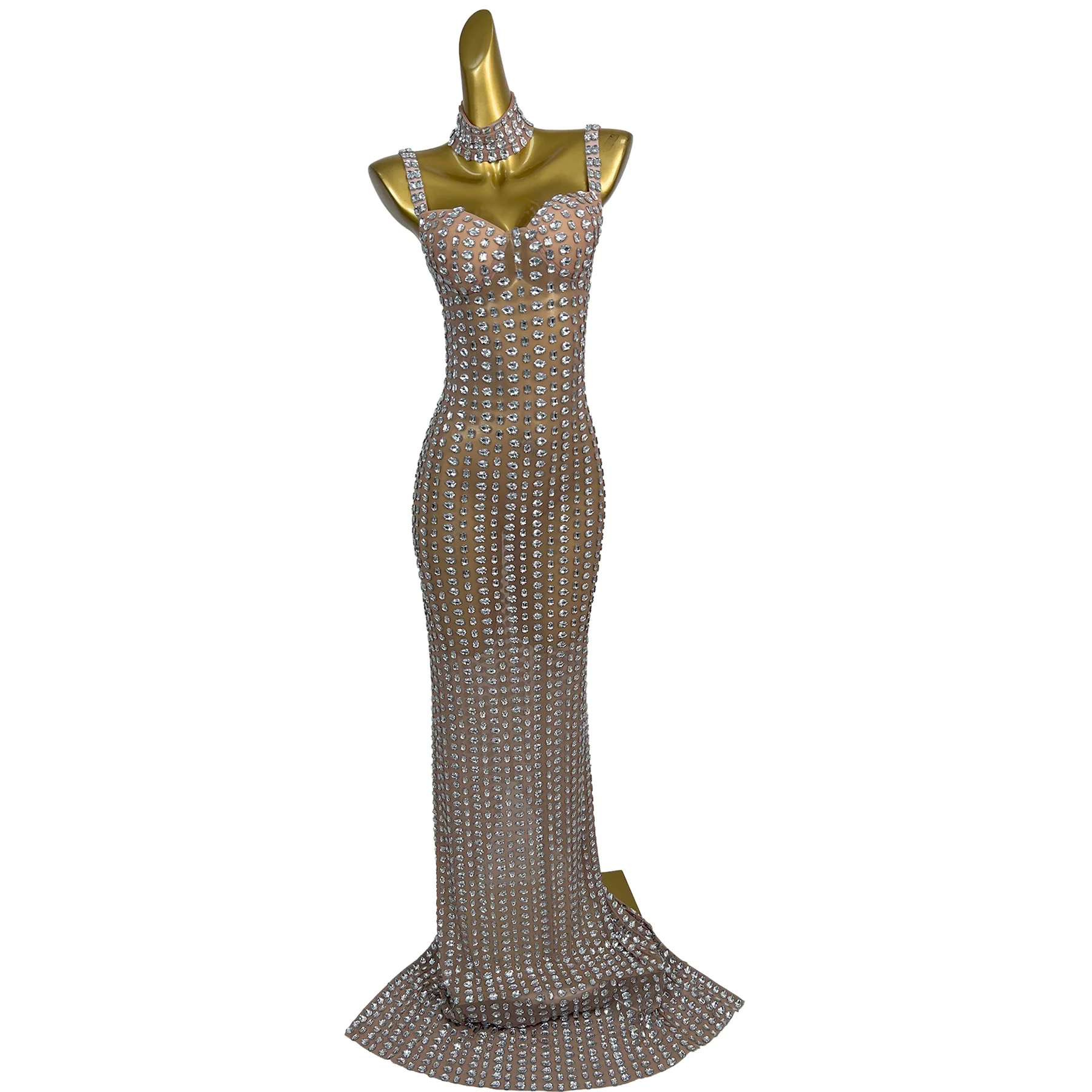 

Linpian Luxury Nude Mesh Rhinestone Mermaid Evening Gown Sleeveless Halter Neck Long Formal Dress for Prom Party