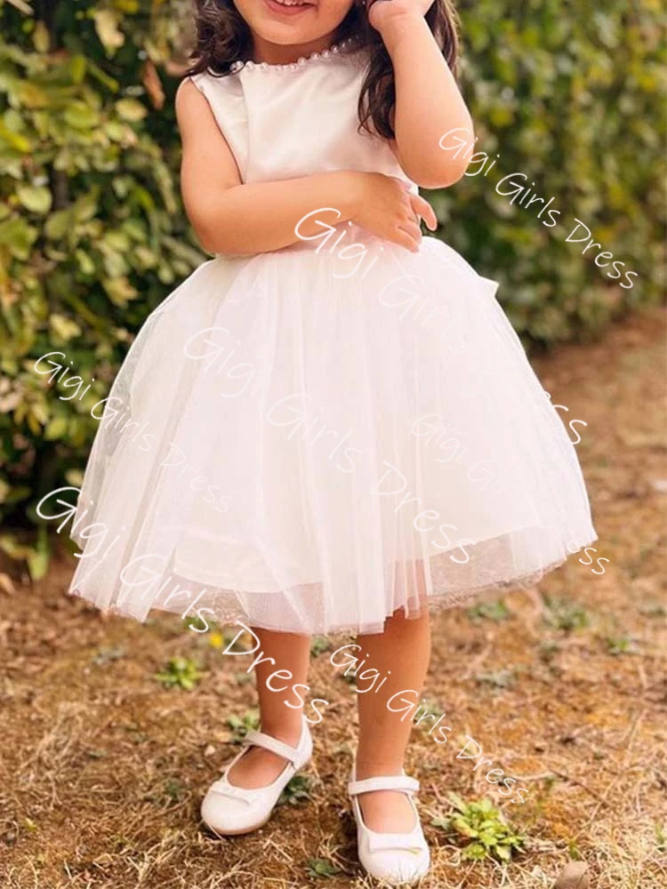White Flower Girl Dress for Wedding Kids Pearls Neck V Back First Communion Dress Tea-Length Birthday Party Gown with Bow Custom