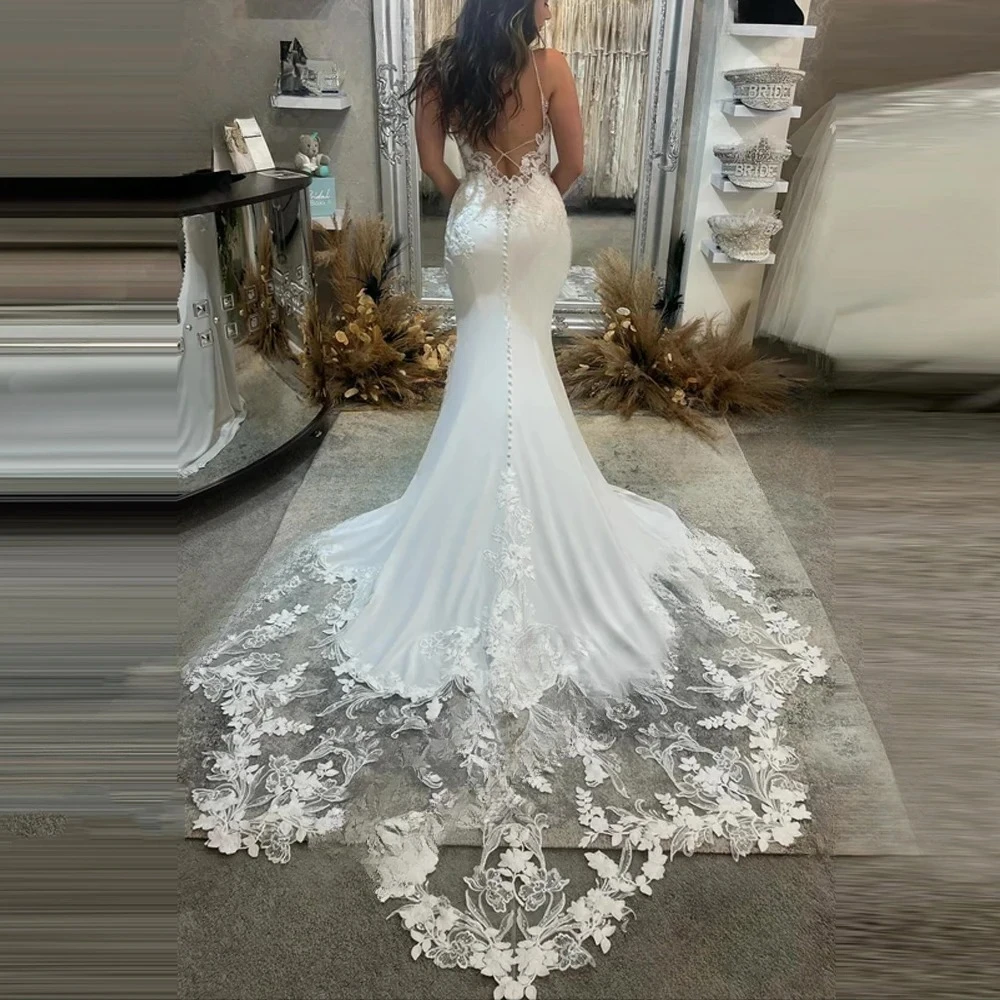 Boho Mermaid Wedding Dresses Sexy V-Neck Lace Appliques Spaghetti Straps Floor Length Bridal Gown Vestido De Novias Customized