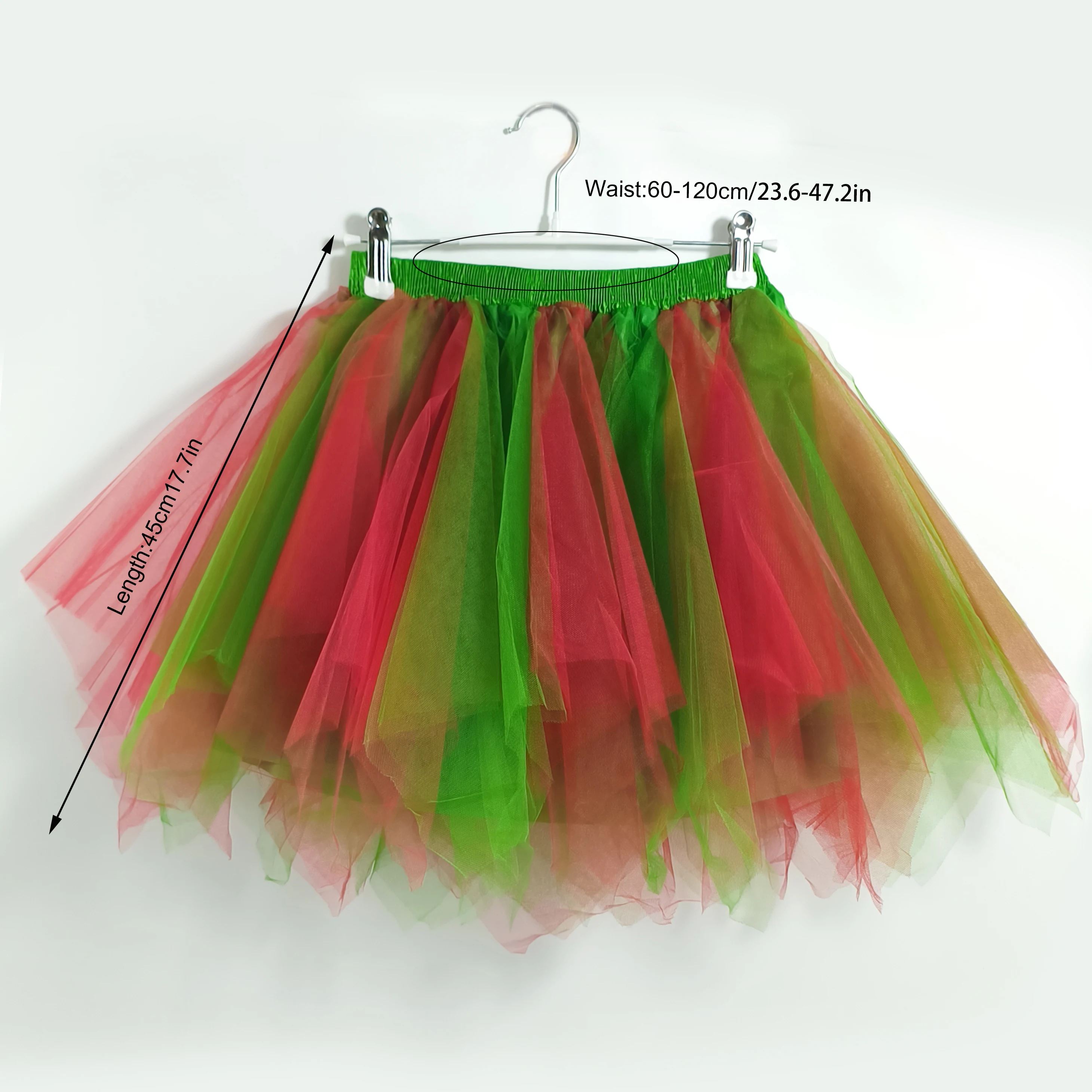 Unregelmäßiger Tüll-Tutu-Rock für Erwachsene, Rot-Grün Gemischte Farbe, Kurzer Rock, Halloween-Weihnachtsfeier-Cosplay-Kostüm – Detail 4