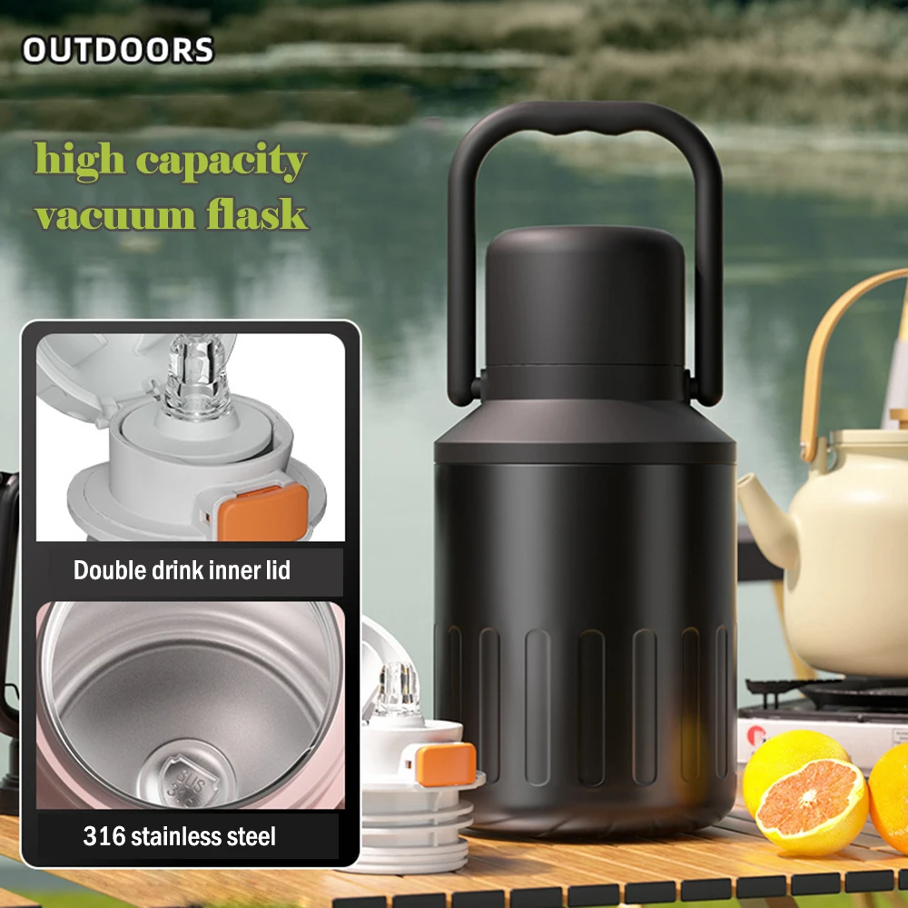 

316 stainless steel vacuum flask, Large capacity thermal cup, Outdoor sports water bottle, Straw cup, Portable handle kettle,1L