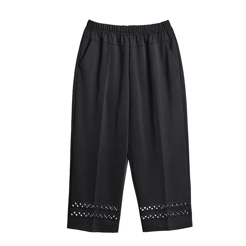 Summer Office Lady Simplicity Solid Color Elastic Waist Calf-Length Pants Ladies Fashion All-match Hollow Out High Waist Harem