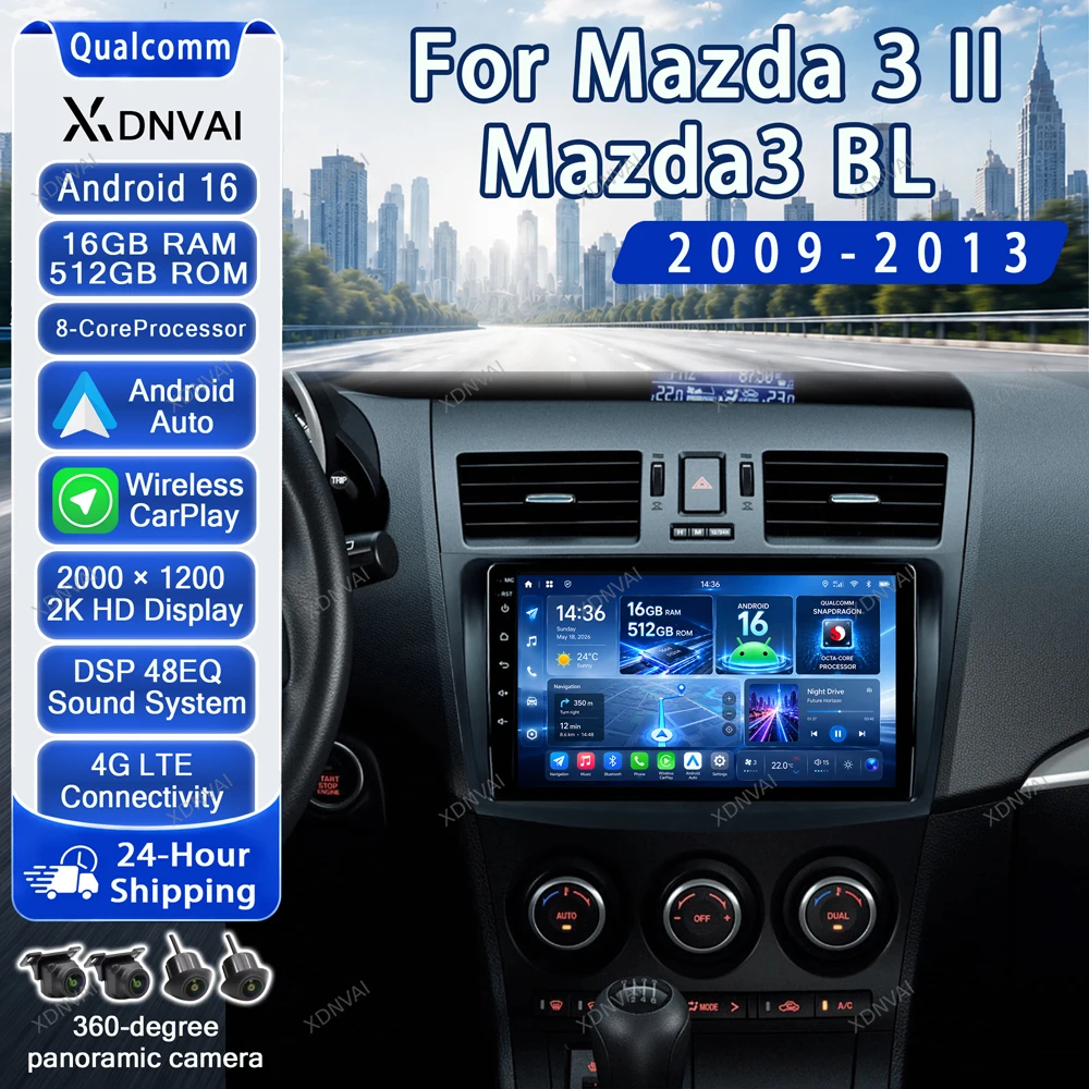 Автомагнитола Android 16 для Mazda 3 II Mazda3 BL 2009 - 2013, мультимедийный видеоплеер, 4G LTE, BT, GPS, навигация Qualcomm Autoradio.