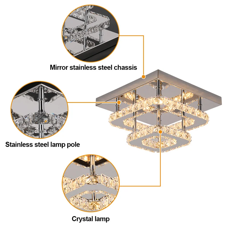 Lámpara de techo de cristal K9 cuadrada moderna, plafón de acero inoxidable, luminaria para pasillo, decoración del hogar, accesorio Led, Lustres de