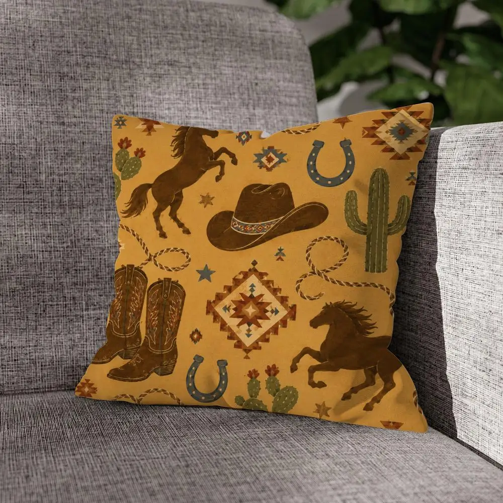 Western Cowboy Style Cushion Cover Linen Cushion Cover, Double-Sided Printed Pillow Cover for Sofa Home Decor