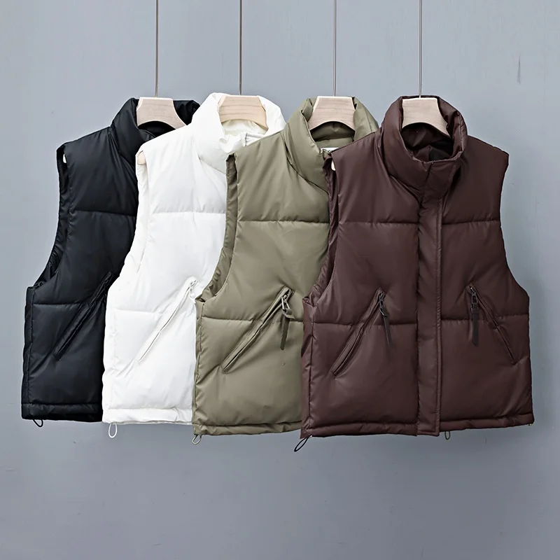 

Short PU Leather Vest Women's Spring Autumn Winter Cotton Jacket Shoulder Pad Knitted Vest Fashionable Casual Outerwear