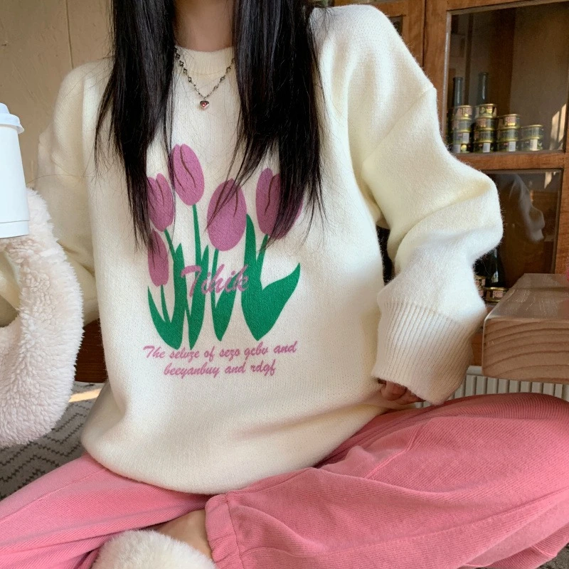 

harajuku floral printing O-neck soft sweater autumn winter casual loose knitted sweaters tops for women white bottoming pullover