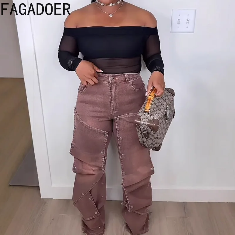 FAGADOER High-quality Fashion Wine Red Straight Leg Denim Pants Women High Waist Irregular Patchwork Jeans Female Bottoms New
