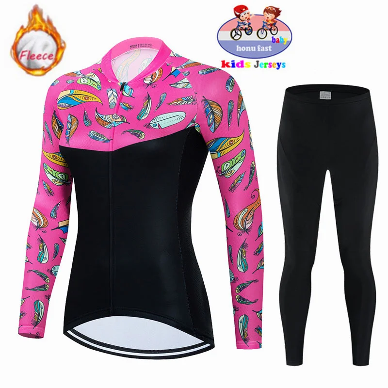 New 2023 Kids Winter Thermal Fleece Cycling Jersey Set MTB Bicycle Girl Cycling Clothes Warm Bike Children Cycling Clothing Suit