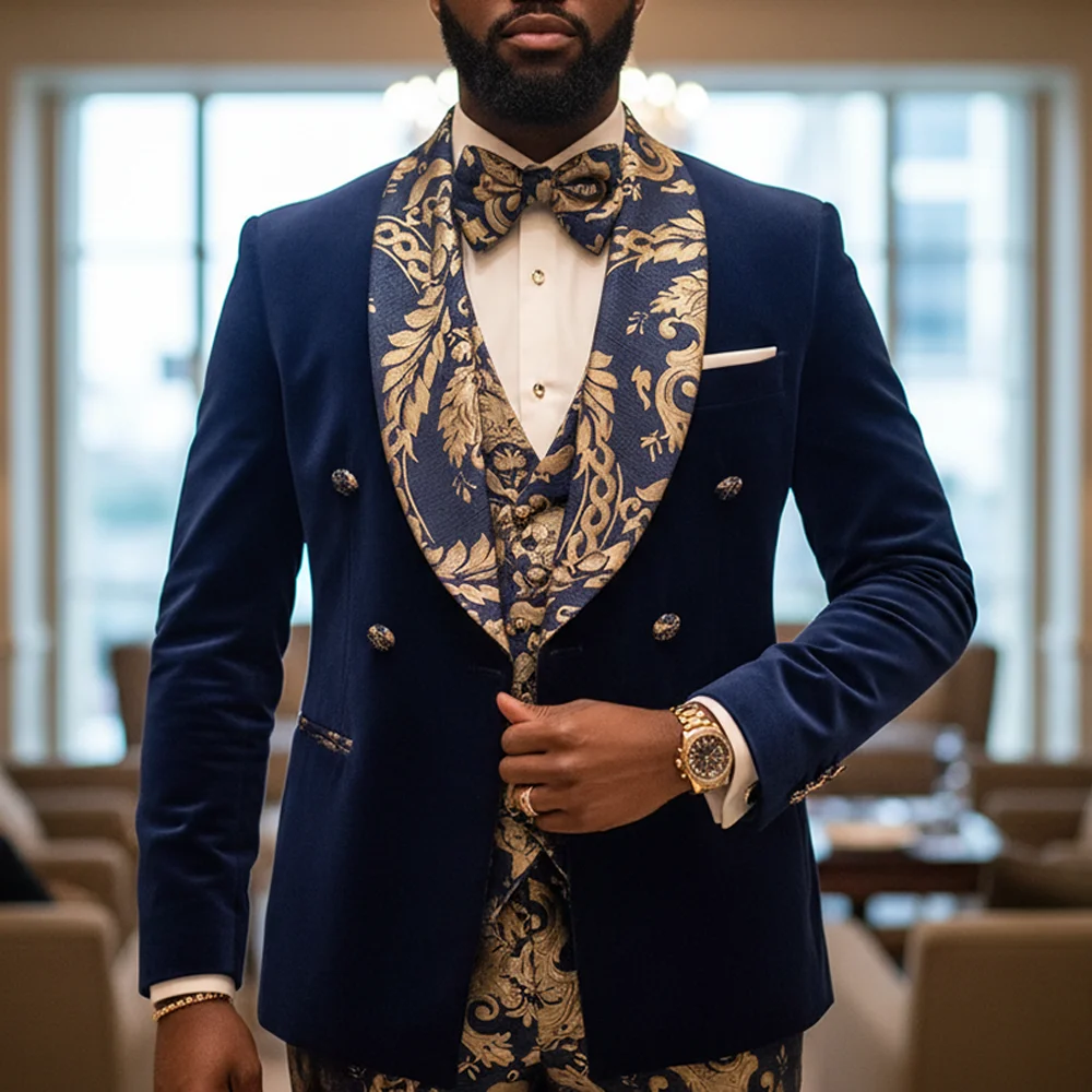 Traje de terciopelo de 3 piezas para hombre: Chaqueta, pantalón y chaleco con estampado jacquard metalizado – Último diseño de esmoquin para novio para bodas