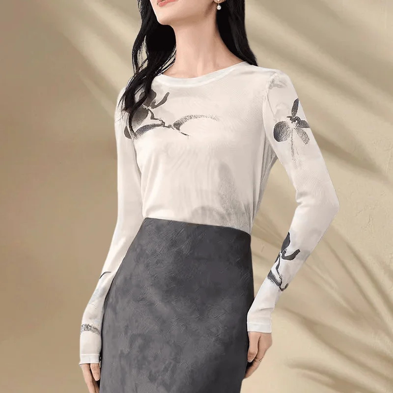 우아한 잉크 페인팅 인쇄 중국 스타일 태양 보호베이스 레이어 티셔츠 여성용 다목적 슬리밍 루즈핏