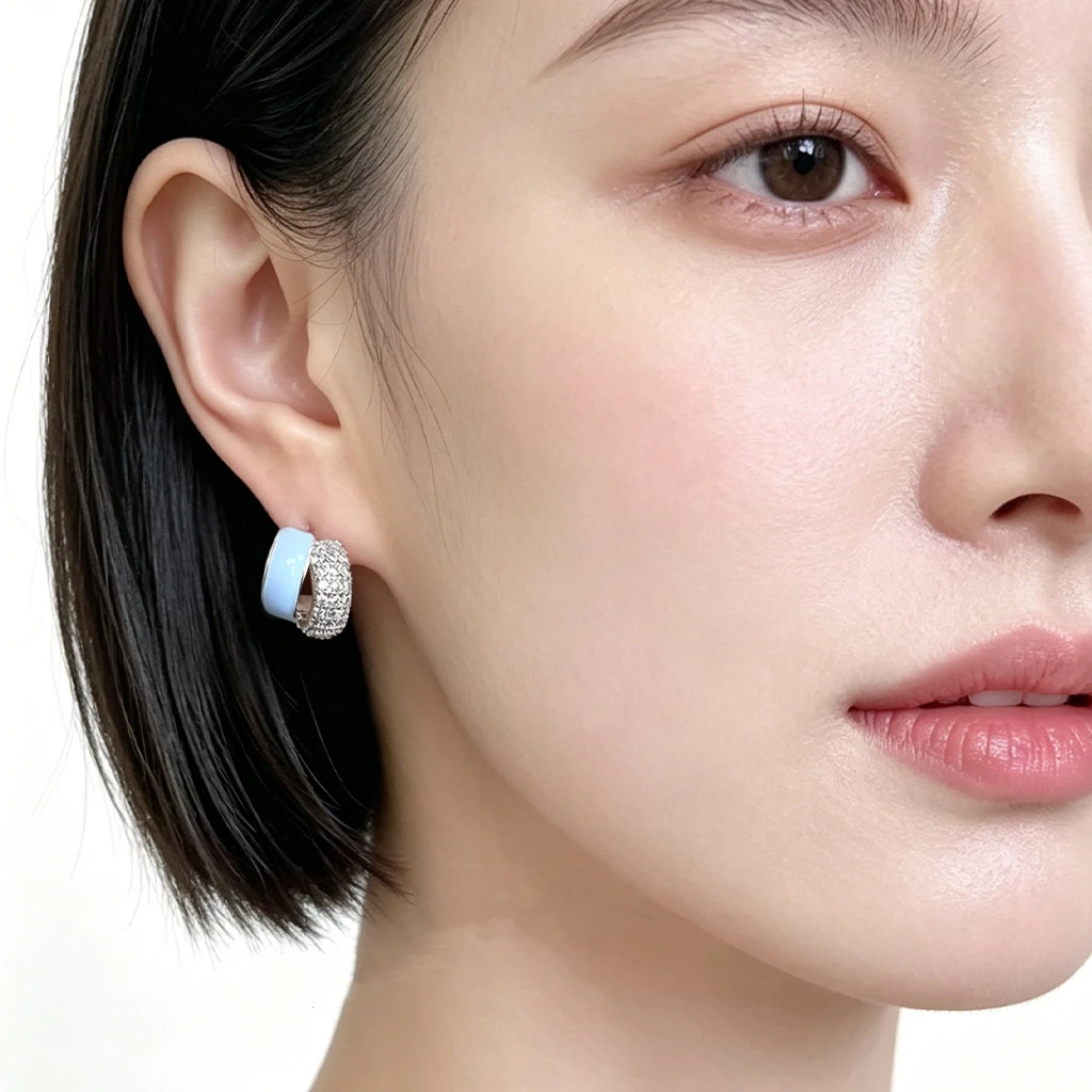 Blue Enamel Micro Pave Cubic Zirconia C Huggie Earrings Sweet Daily Jewelry Gift For Women Girls