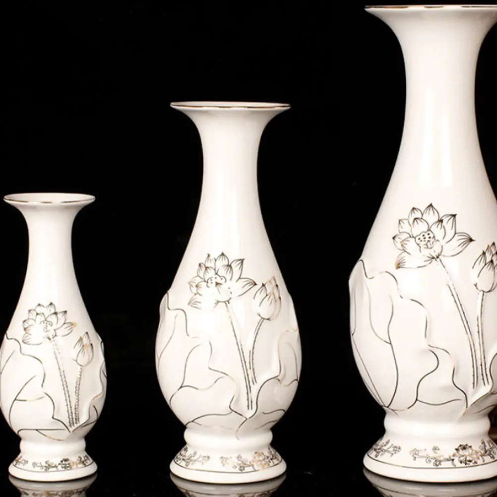

1Pcs Lotus Relief Ceramic Vase Classical Decorative Flower Container Home Office Zen Style Fresh Flower Vase Tabletop