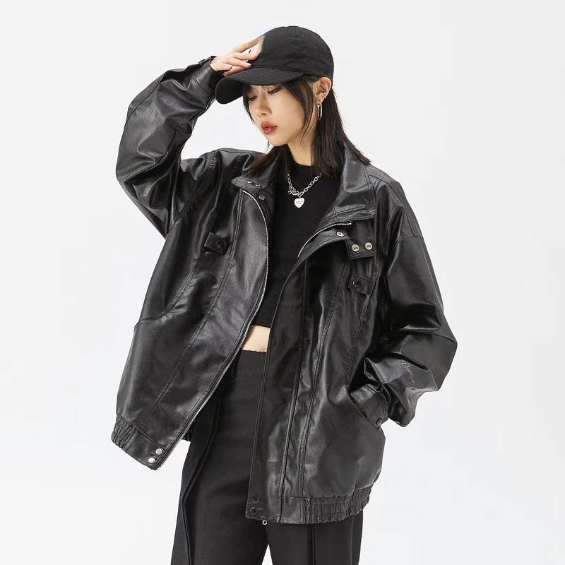 Deeptown Vintage Women\'s Leather Jacket Oversize Korean Style Streetwear Moto Biker Zipper Jackets Gothic Casual Windbreaker