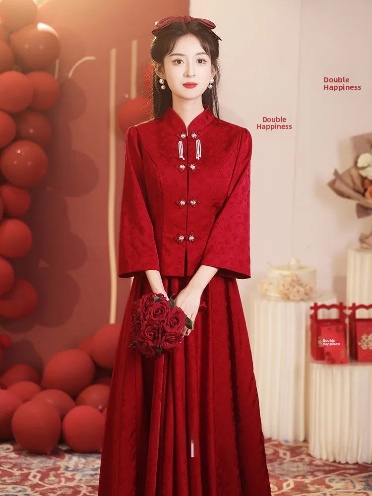 

Chinese Sle Long Sve Qipao Wedding Dr Vintage Engagement Par Gown Women's High End Feeling Polyester Fiber